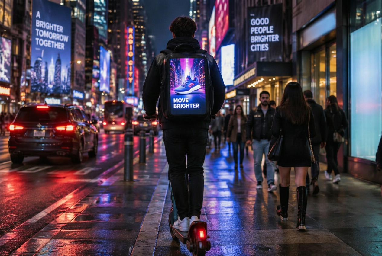 Rider wearing a Backpack Tech screen backpack in the city at night